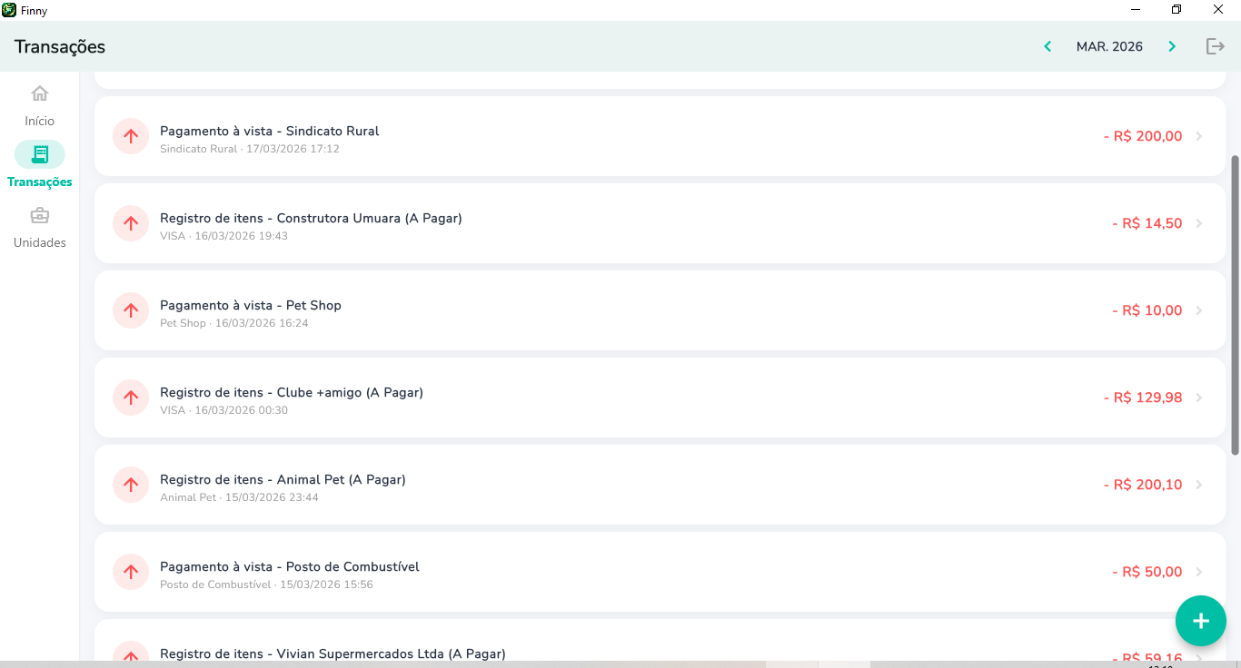 Tela de histórico do Finny